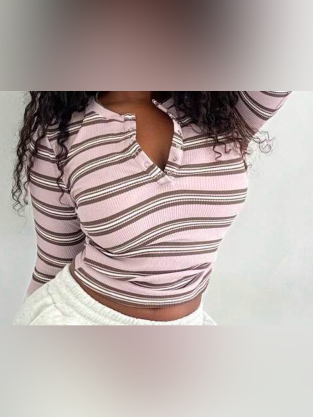 SHEIN Pink Striped Long-Sleeve Henley Top